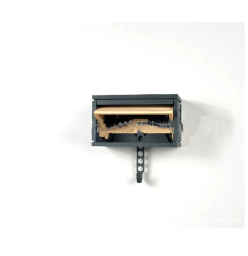 Car garage key holder with opening door, adhesive back, stripe pattern in beige and dark grey on wall