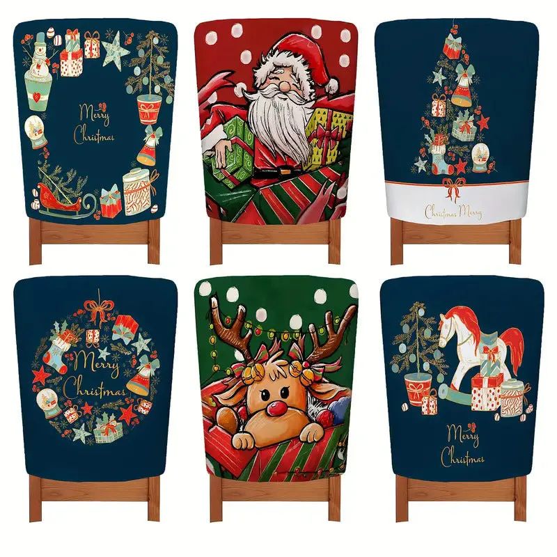 Set of six rectangular polyester chair covers with festive stripe and geometric pattern in British style