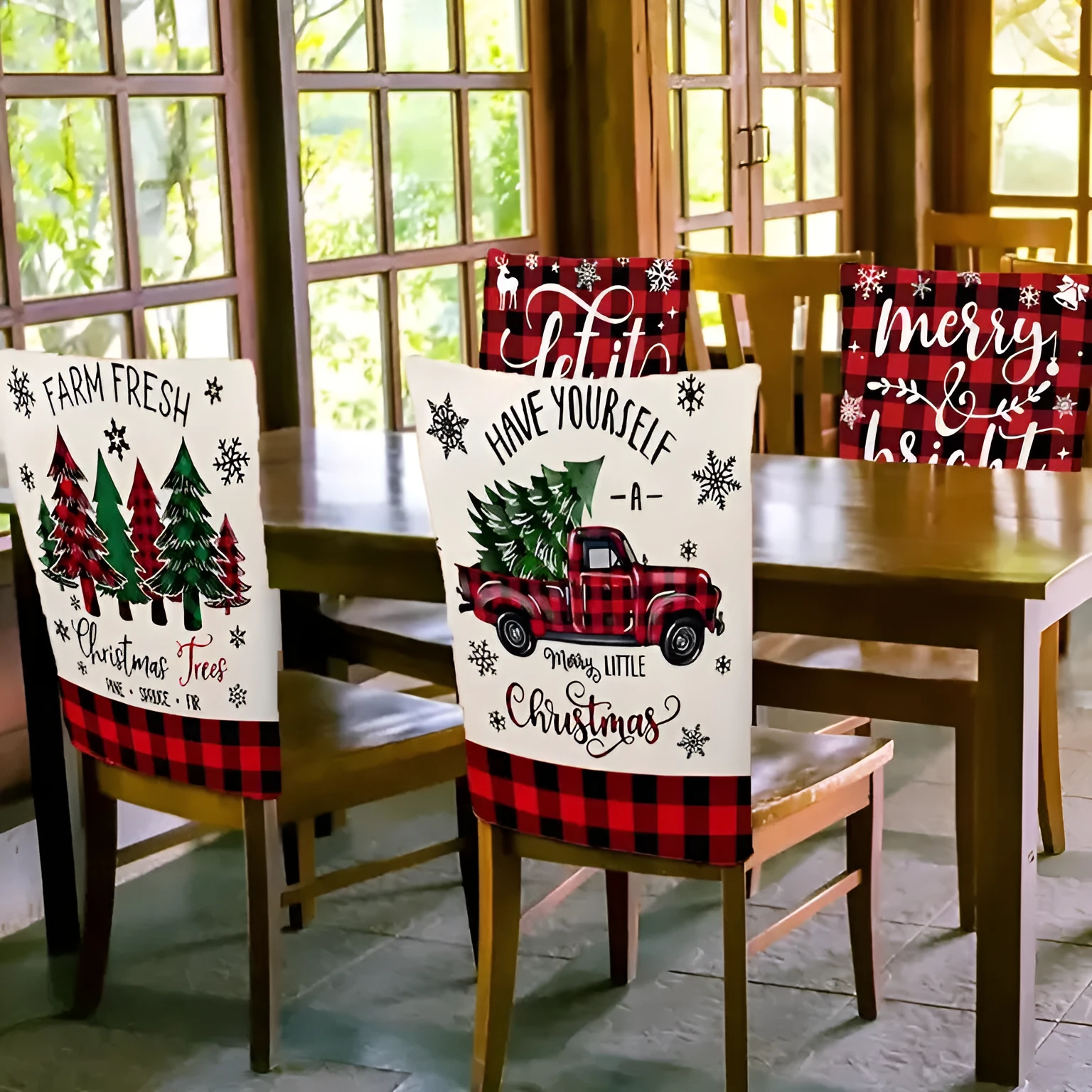 Set of six rectangular polyester chair covers with festive stripe and geometric pattern in British style