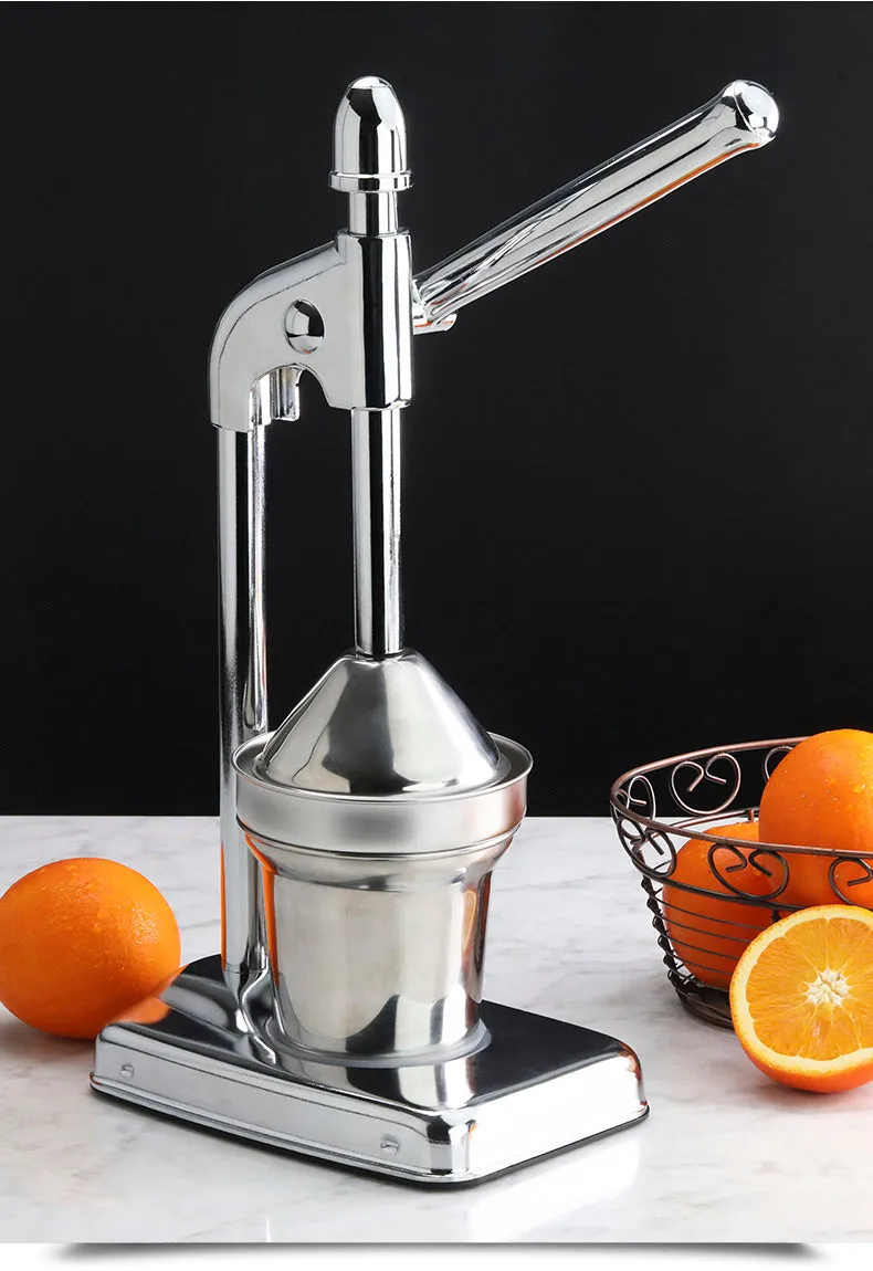 Commercial manual juicer with stainless steel platen metal construction 17x17x36cm pack size in upgraded silver