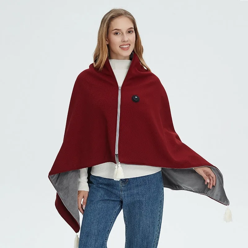 Solid-colour polyester shawl warm blanket with mobile power bank in green, red, and beige colour options
