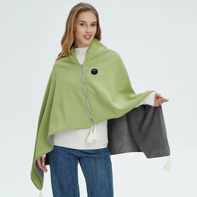 Solid-colour polyester shawl warm blanket with mobile power bank in green, red, and beige colour options