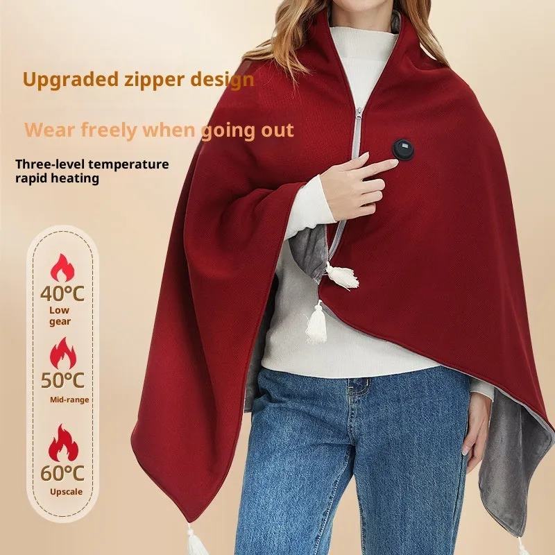 Solid-colour polyester shawl warm blanket with mobile power bank in green, red, and beige colour options