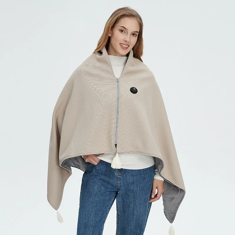 Solid-colour polyester shawl warm blanket with mobile power bank in green, red, and beige colour options