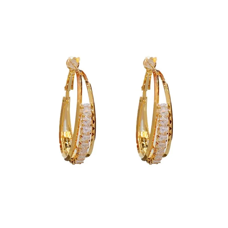 Thick gold plated copper zircon oval ear ring for women with geometric shape and round popular element