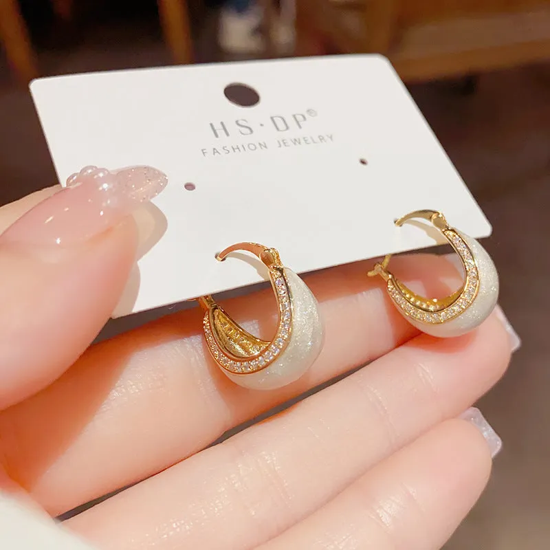 Copper micro-inlaid drip ear buckle earrings with thick real gold plating, retro geometric style