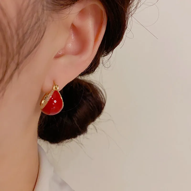 Copper micro-inlaid drip ear buckle earrings with thick real gold plating, retro geometric style