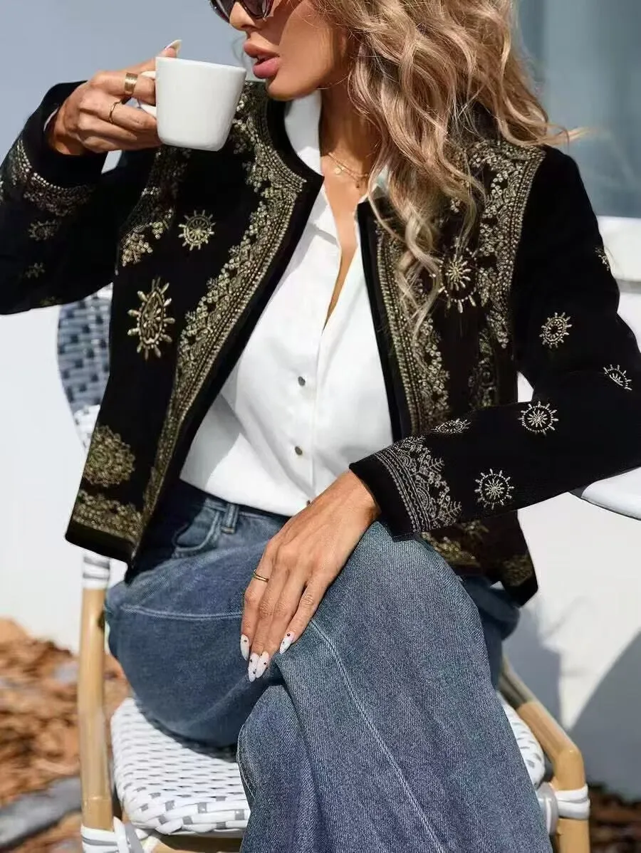 Women's casual coat round neck hooded printed long sleeve British style milk silk fabric sizes S to XXL