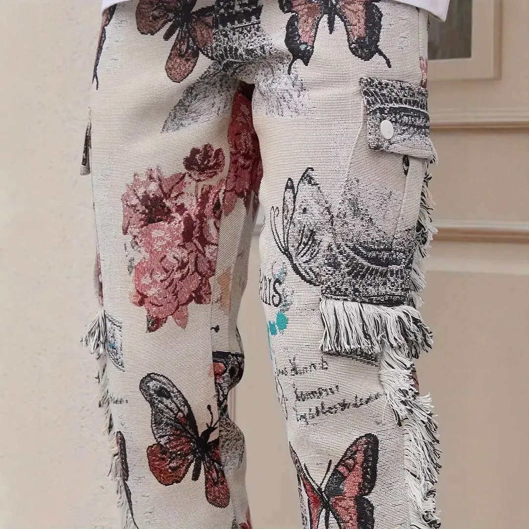 Men's slim fit denim trousers with digital animal print pattern on cotton fabric
