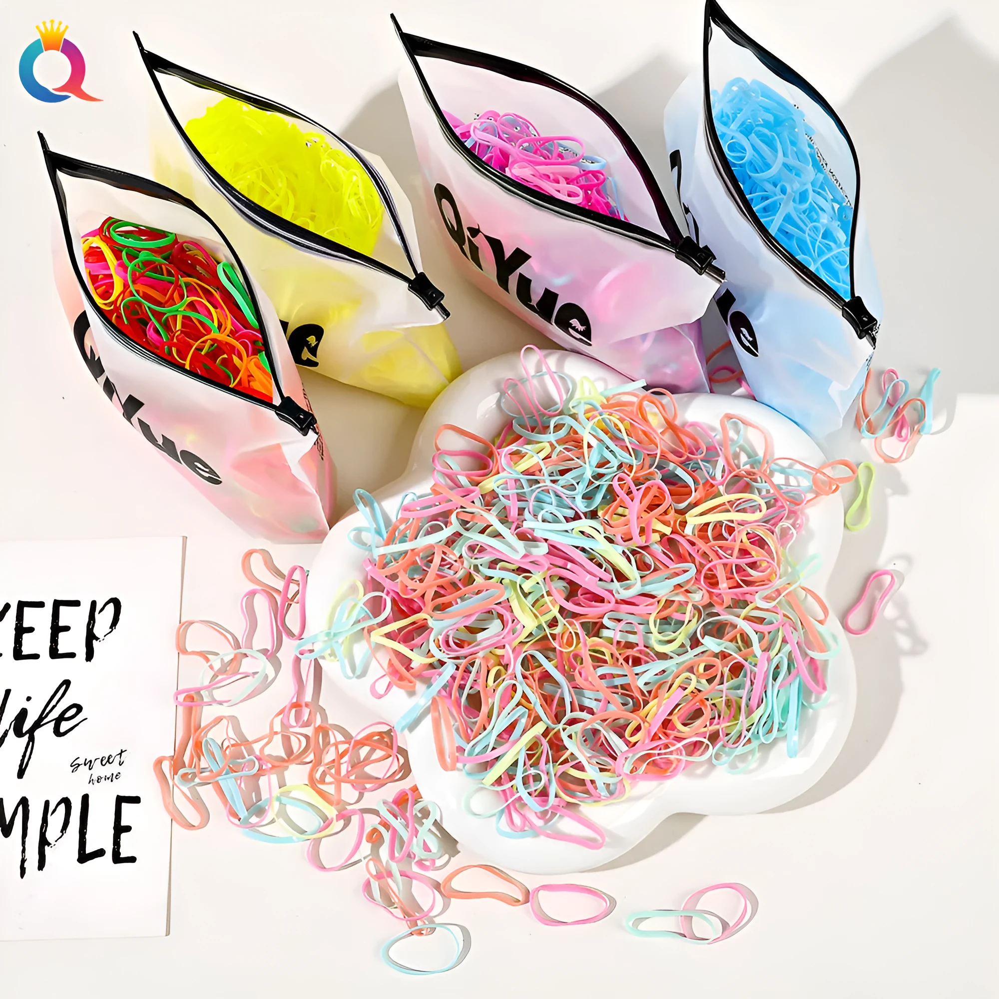 Children's disposable hair rubber bands 1000pcs strong pull cartoon design assorted colours deep coffee glittering powder grass green