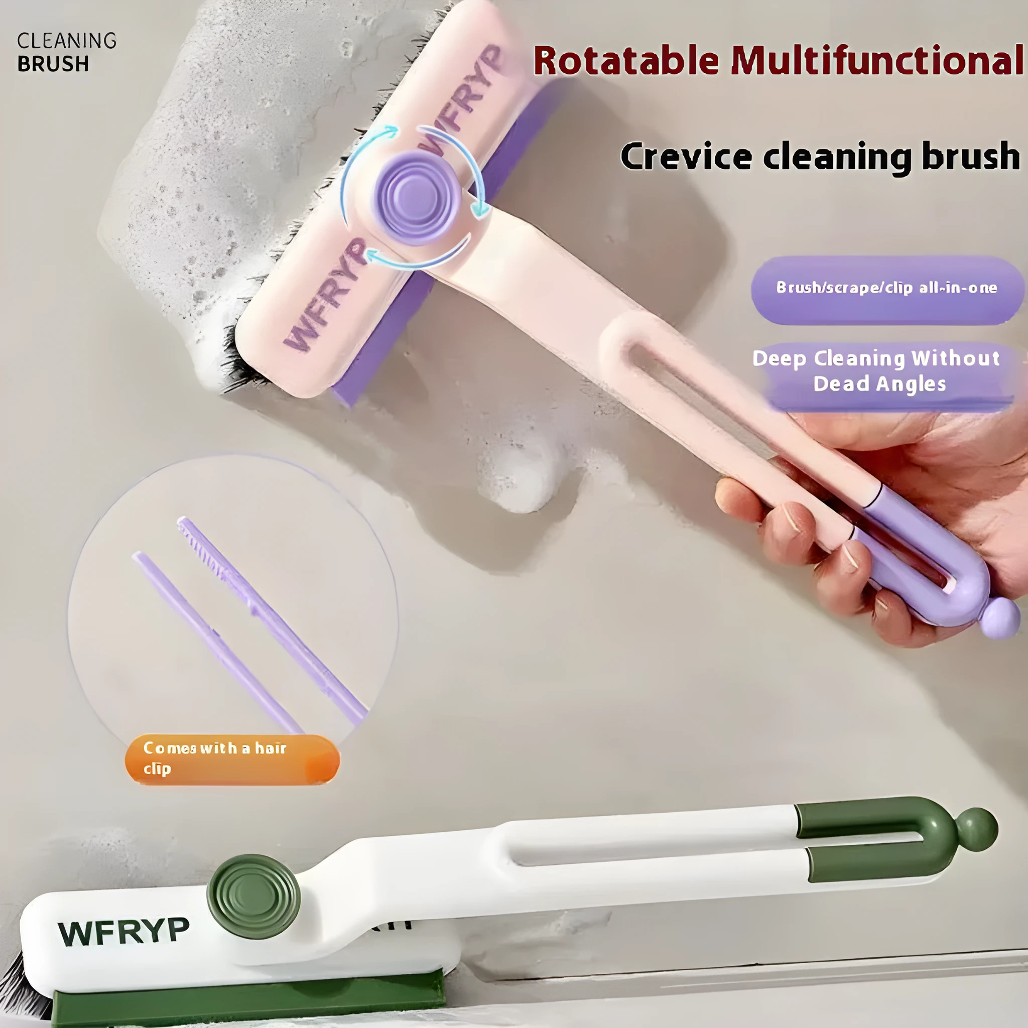 Plastic corner floor cleaning brush with clip for bathroom and toilet use in white and green colour