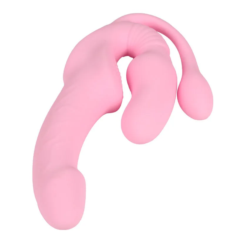 Pink double-headed dragon silicone dildo with remote control, three shock patterns, self-defense stick
