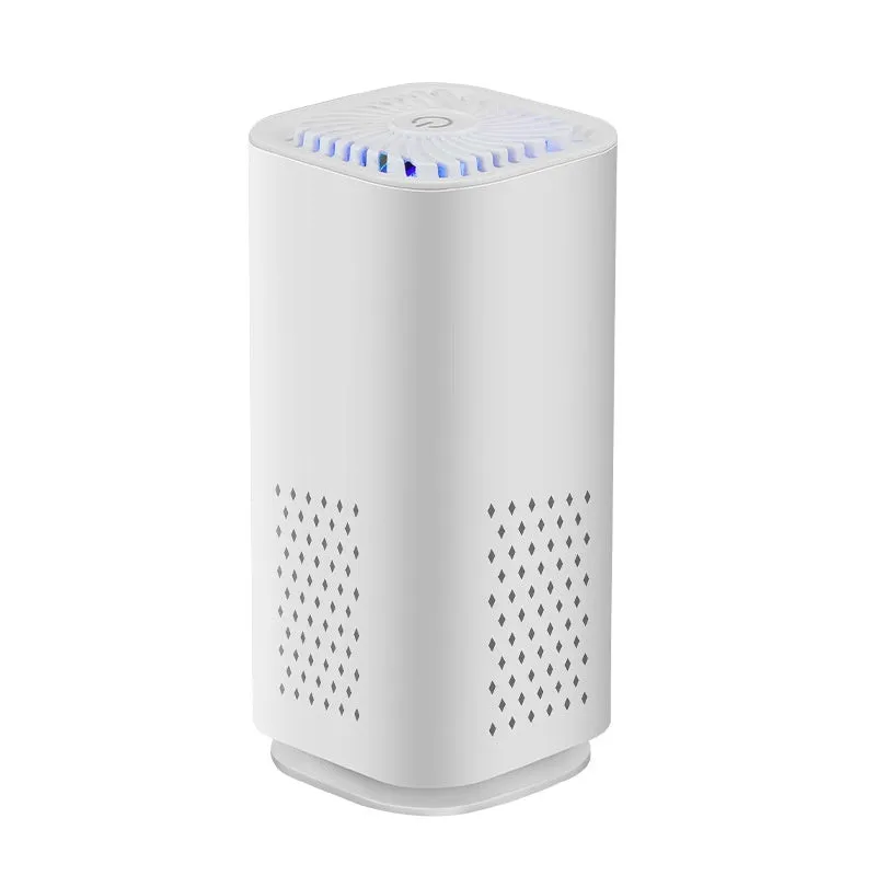Mini car air purifier in black or white with USB cable for small space smoke and dust removal