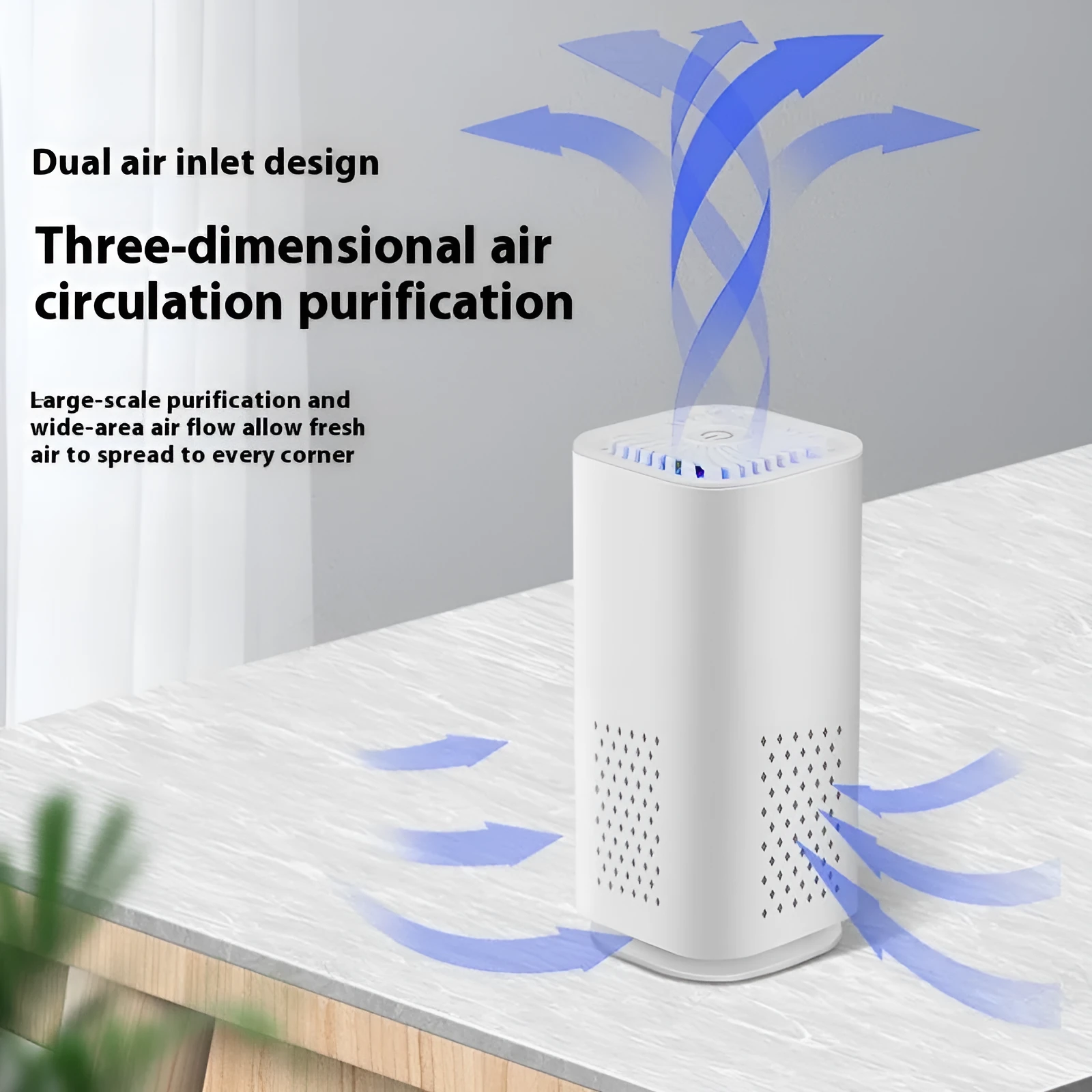 Mini car air purifier in black or white with USB cable for small space smoke and dust removal