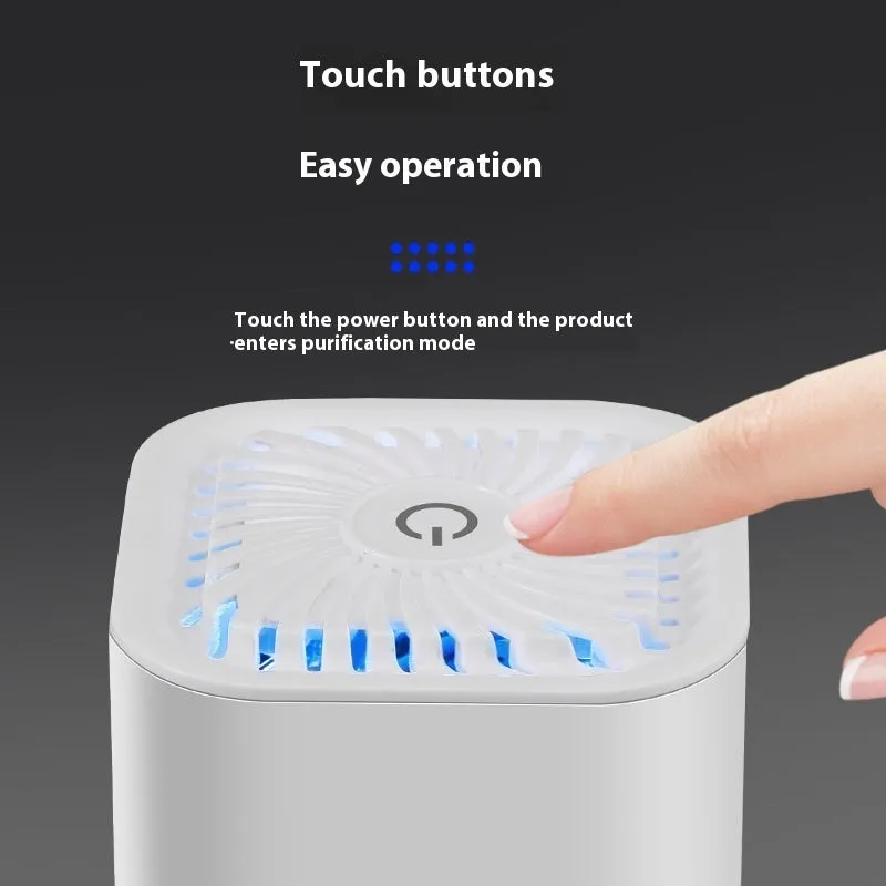 Mini car air purifier in black or white with USB cable for small space smoke and dust removal
