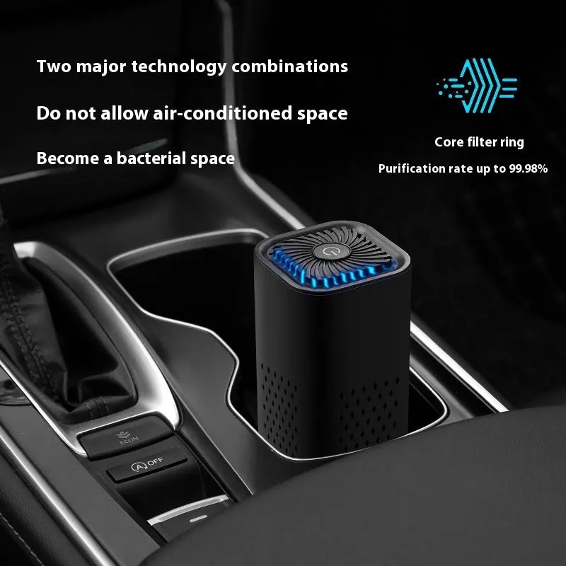 Mini car air purifier in black or white with USB cable for small space smoke and dust removal