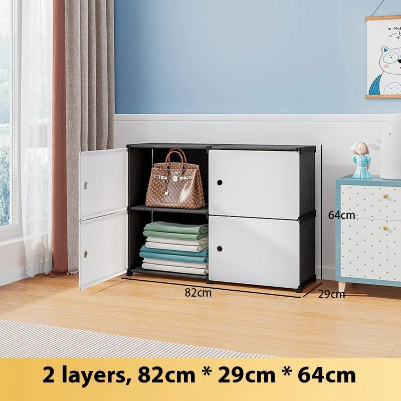 Black and white PP grid floor storage cabinet with door, single row four layers configuration