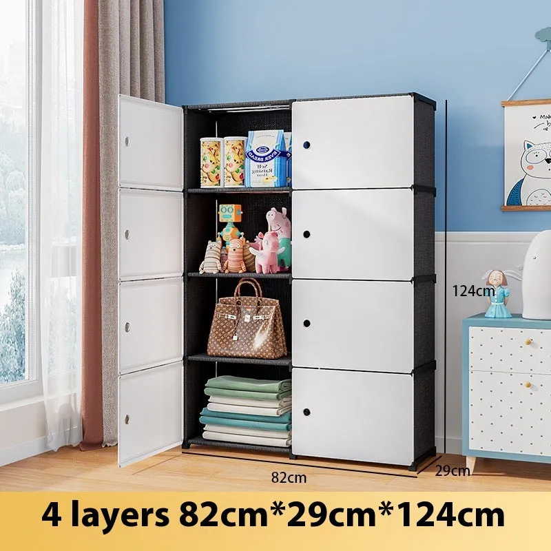 Black and white PP grid floor storage cabinet with door, single row four layers configuration