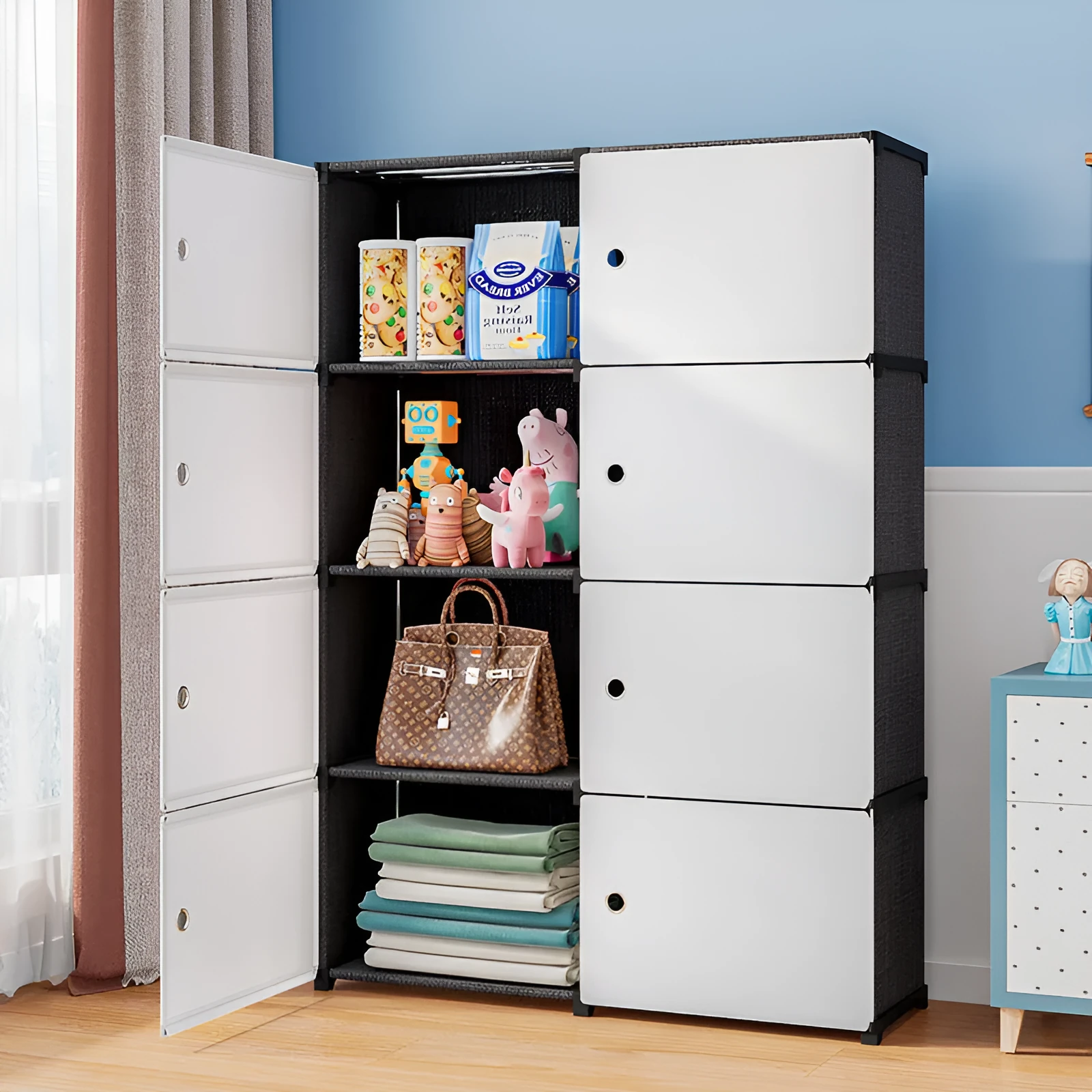 Black and white PP grid floor storage cabinet with door, single row four layers configuration