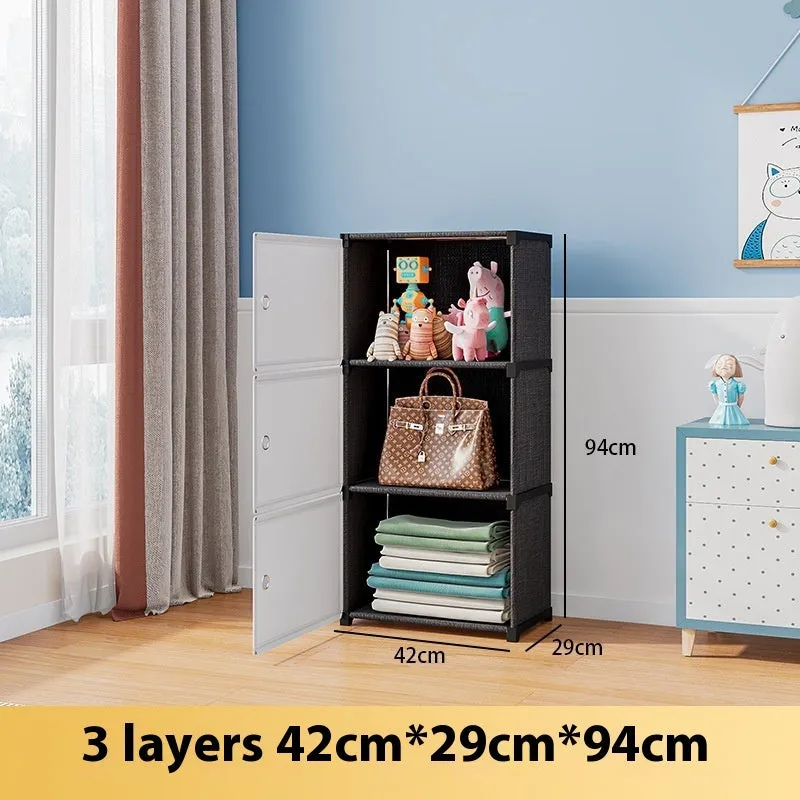Black and white PP grid floor storage cabinet with door, single row four layers configuration
