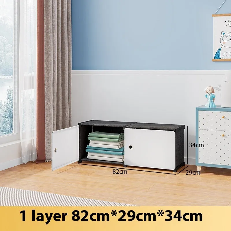 Black and white PP grid floor storage cabinet with door, single row four layers configuration