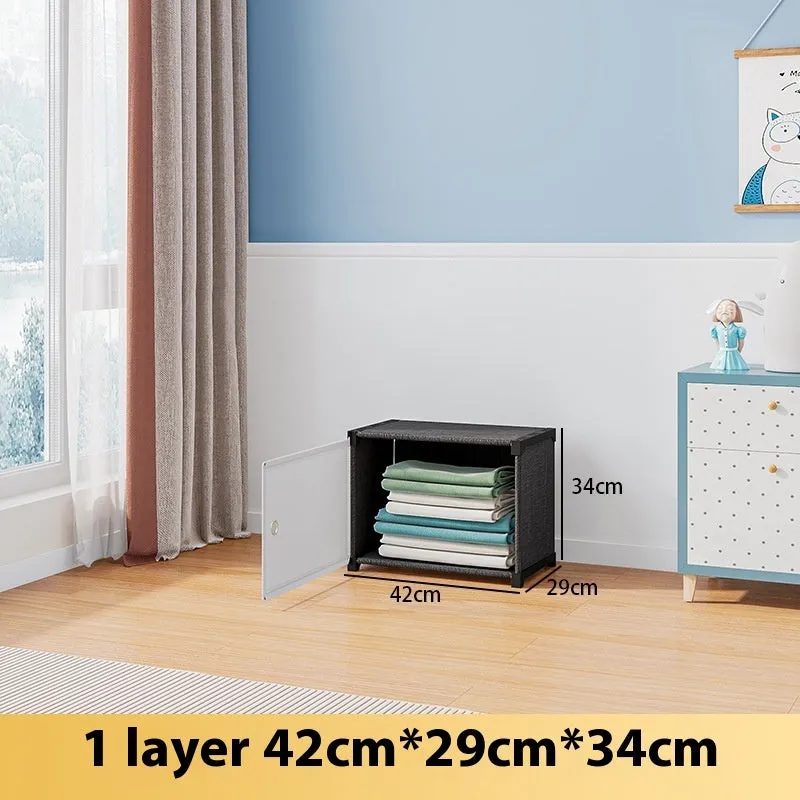Black and white PP grid floor storage cabinet with door, single row four layers configuration