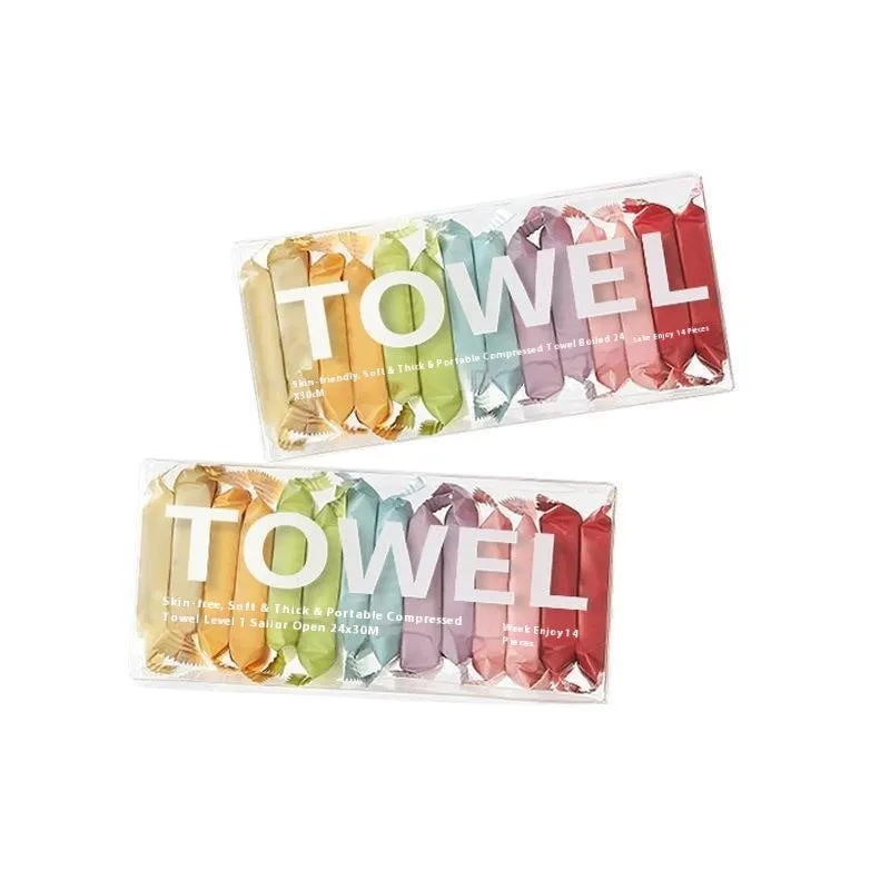 Boxed colour 14-pack compressed towel set, 75g, 14.5x4x6.5cm resin towels for travel