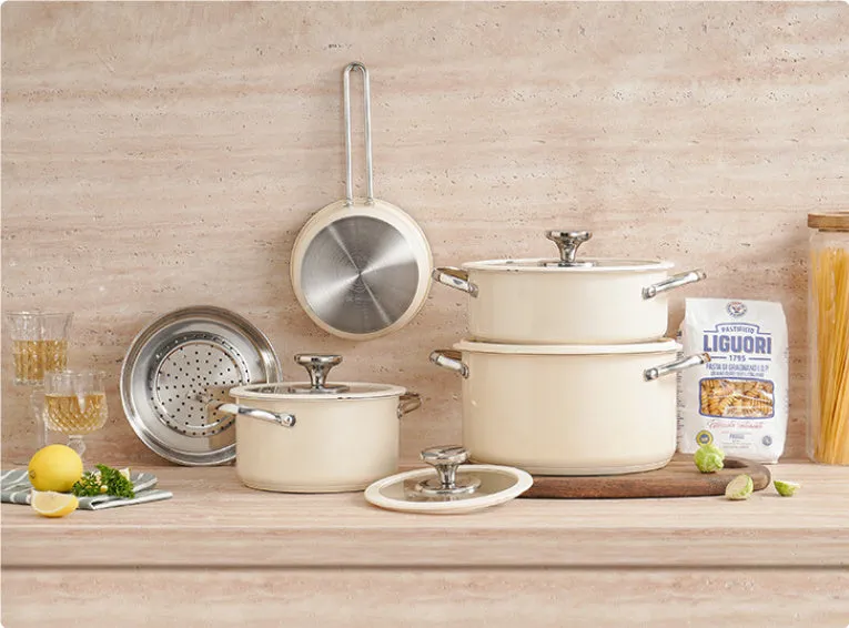 Stainless steel 304 double bottom soup pot set with beige gift box and glass covers