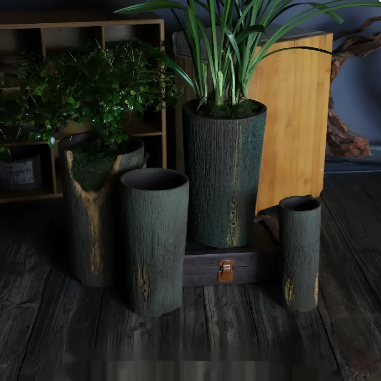 Handmade purple clay withered wood pattern straight body signboard orchid basin planter for flowers and green plants