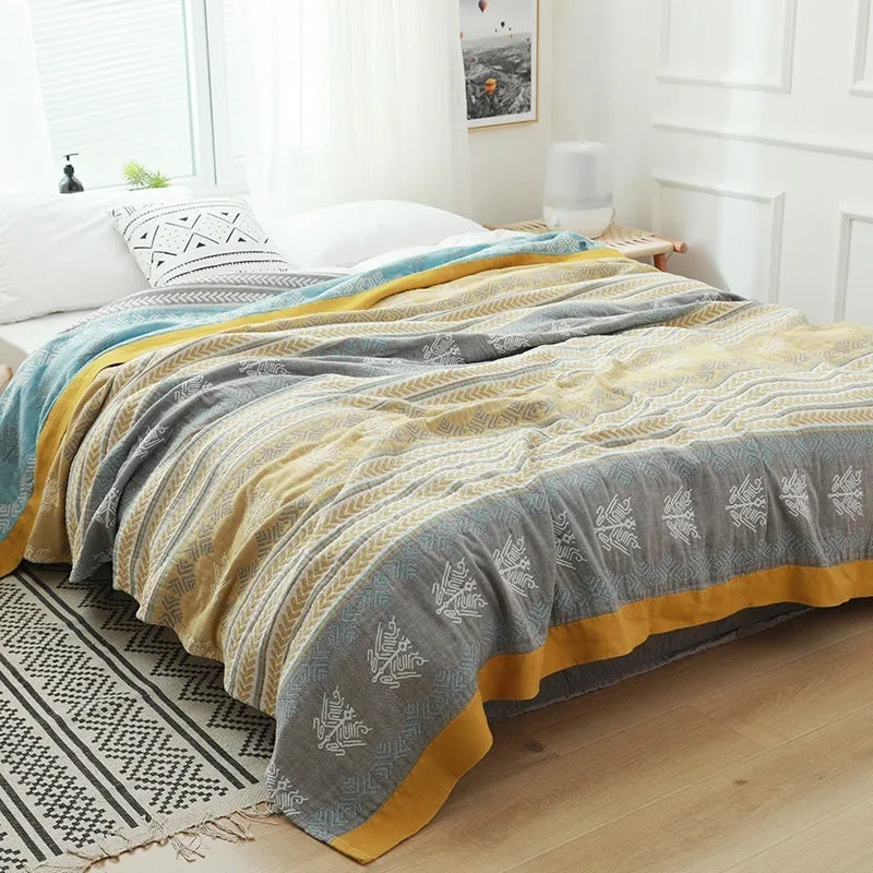 Pure cotton five-layer gauze bed blanket in modern simplicity style, shown in blue colour.