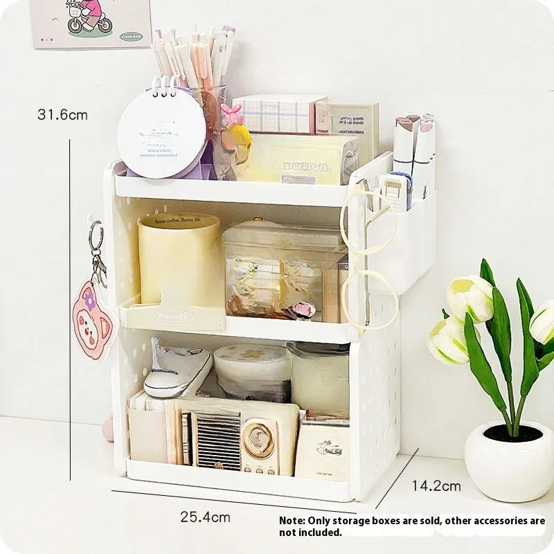 Beige plastic desktop wire-wrap board storage rack with three layers, two pen containers, and six hooks on a desk