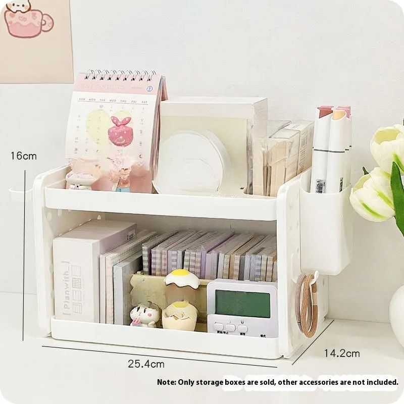 Beige plastic desktop wire-wrap board storage rack with three layers, two pen containers, and six hooks on a desk