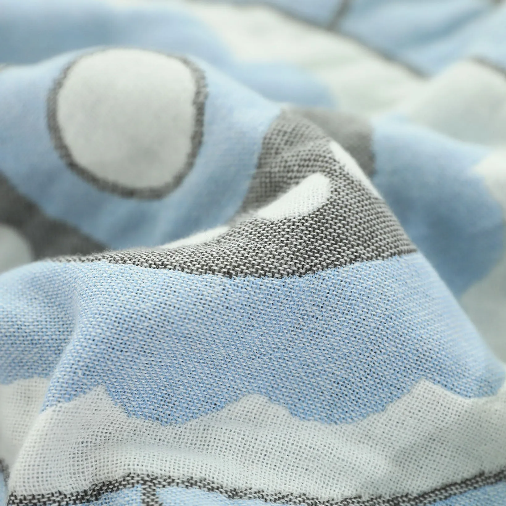 Pure cotton washed five layers towel blanket with plant flower pattern in blue, 150x200cm size