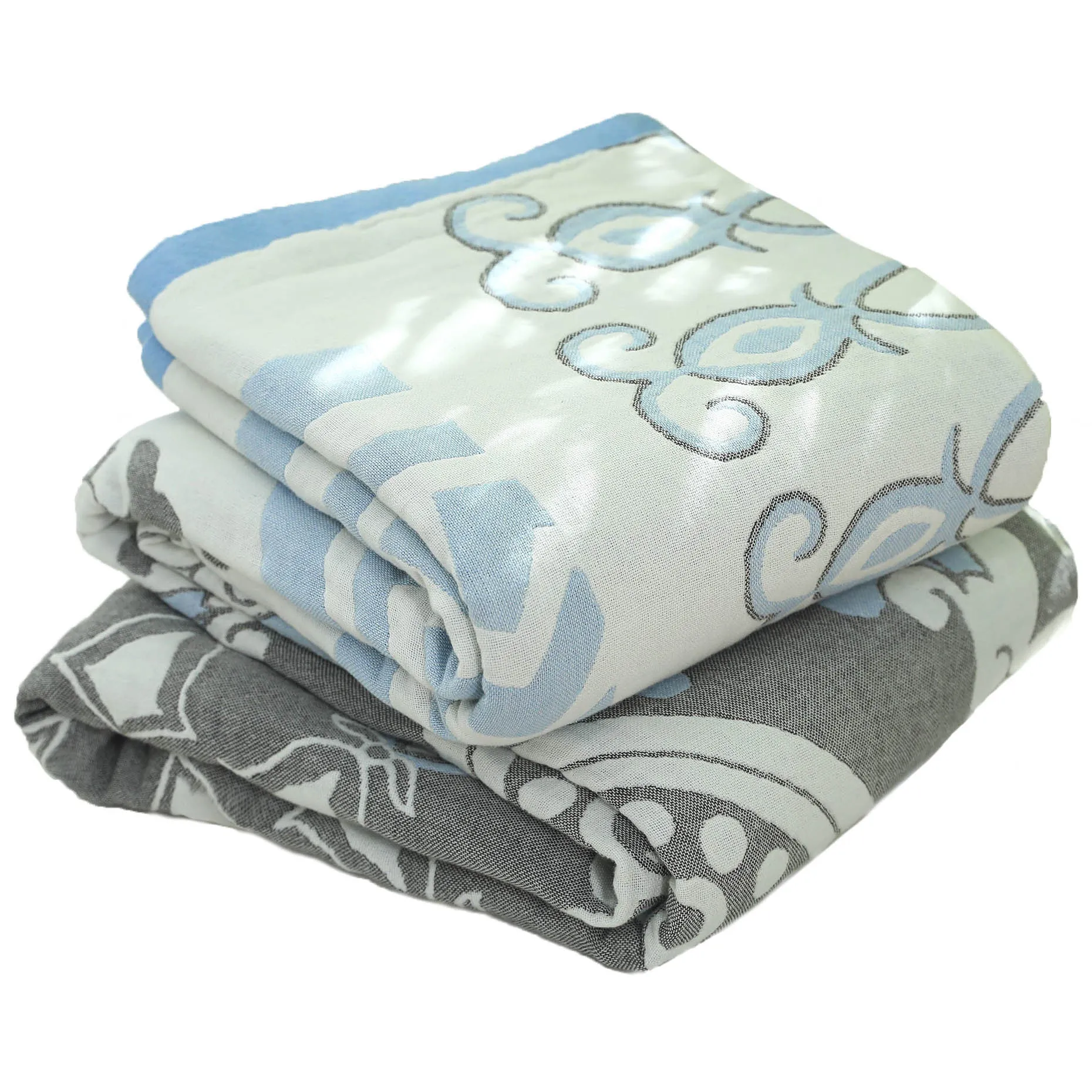 Pure cotton washed five layers towel blanket with plant flower pattern in blue, 150x200cm size