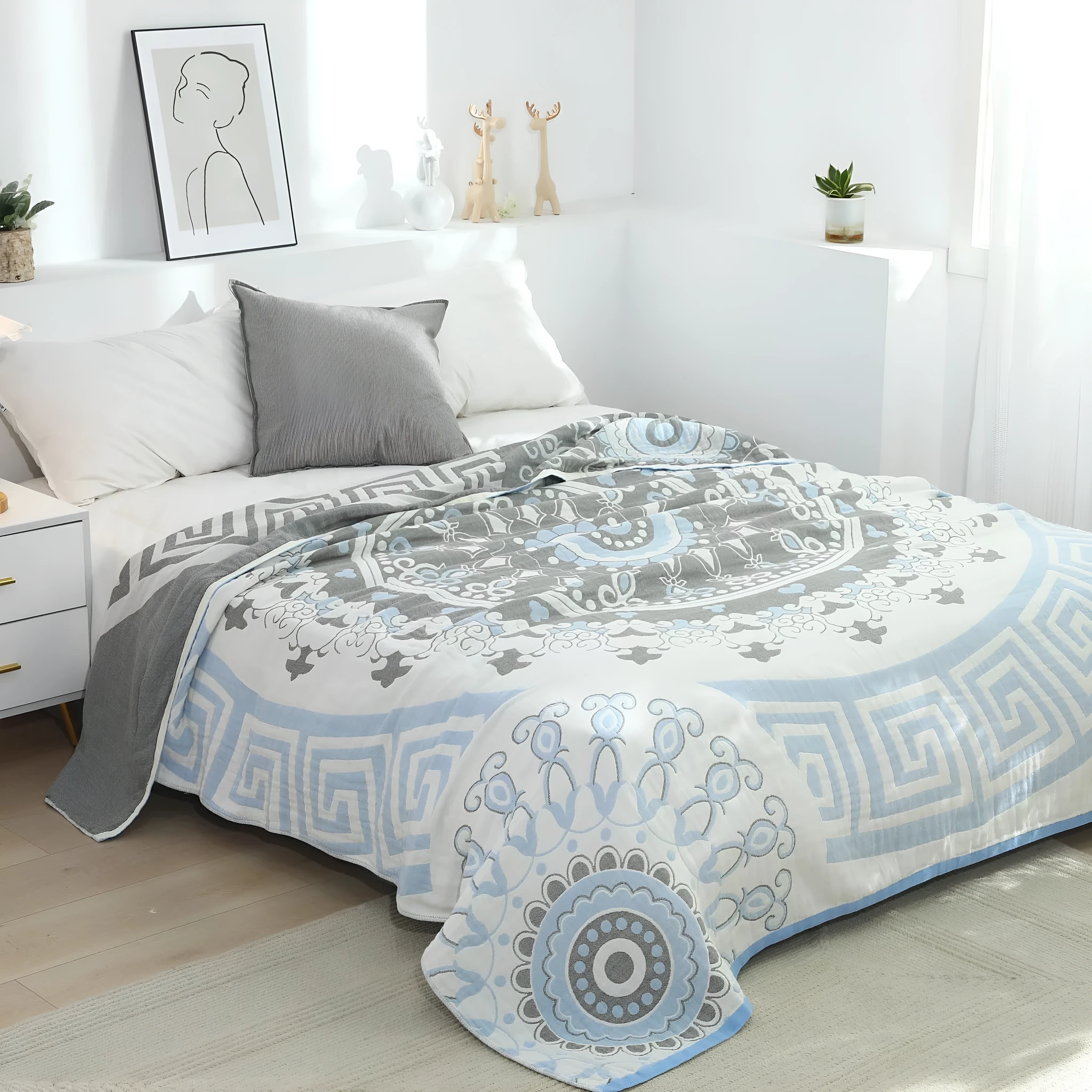 Pure cotton washed five layers towel blanket with plant flower pattern in blue, 150x200cm size