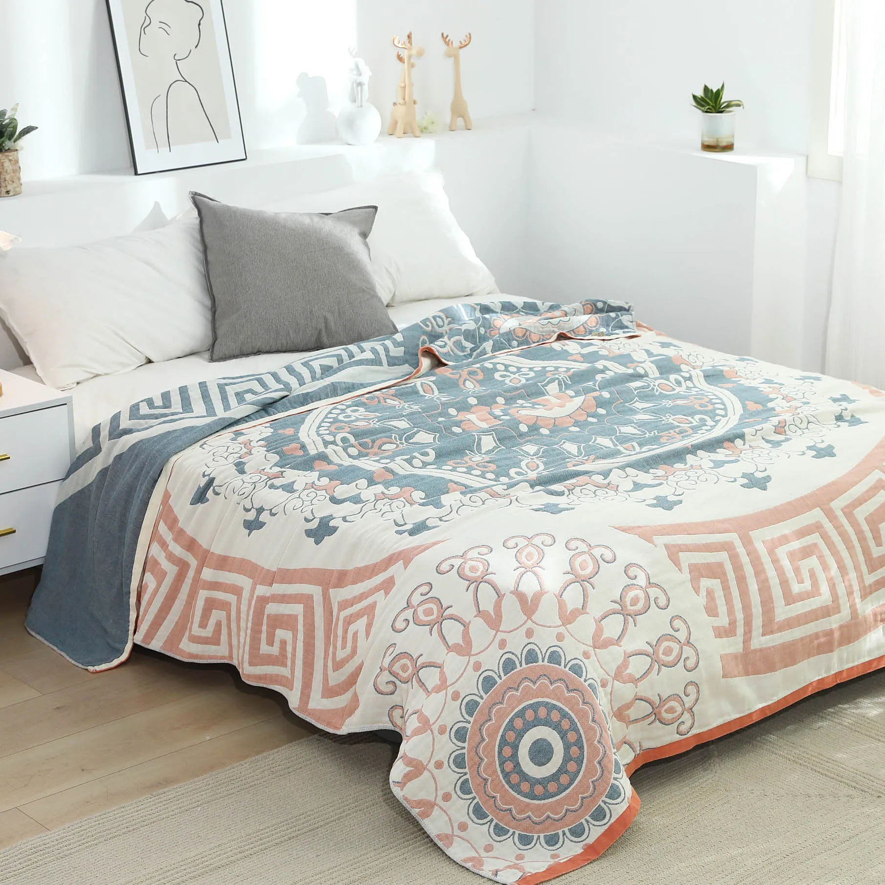 Pure cotton washed five layers towel blanket with plant flower pattern in blue, 150x200cm size
