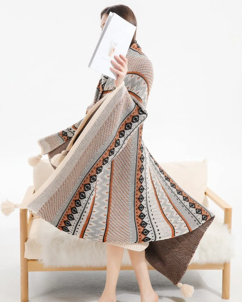 Bohemian acrylic sofa cover blanket with tassels in geometric pattern colours