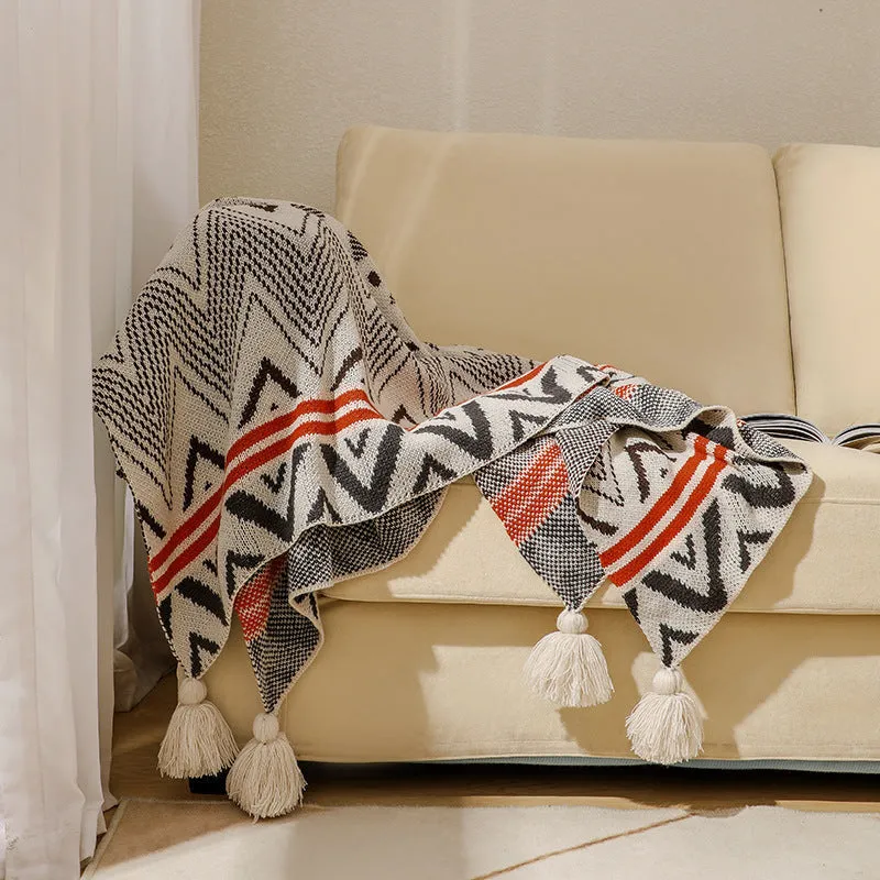Bohemian acrylic sofa cover blanket with tassels in geometric pattern colours
