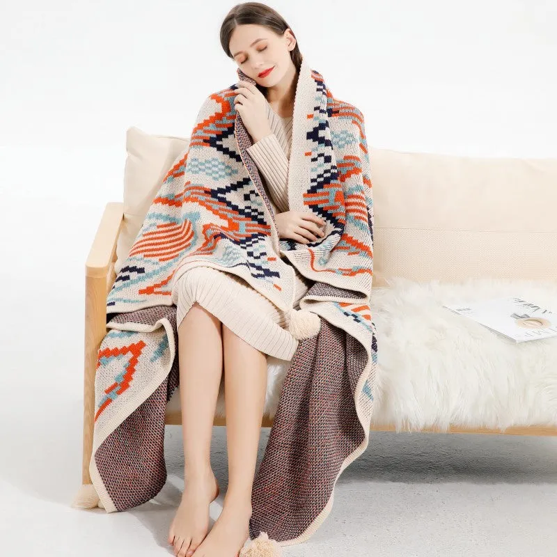 Bohemian acrylic sofa cover blanket with tassels in geometric pattern colours