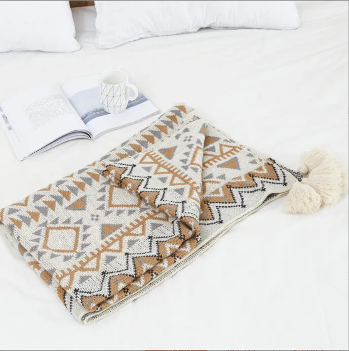 Bohemian acrylic sofa cover blanket with tassels in geometric pattern colours