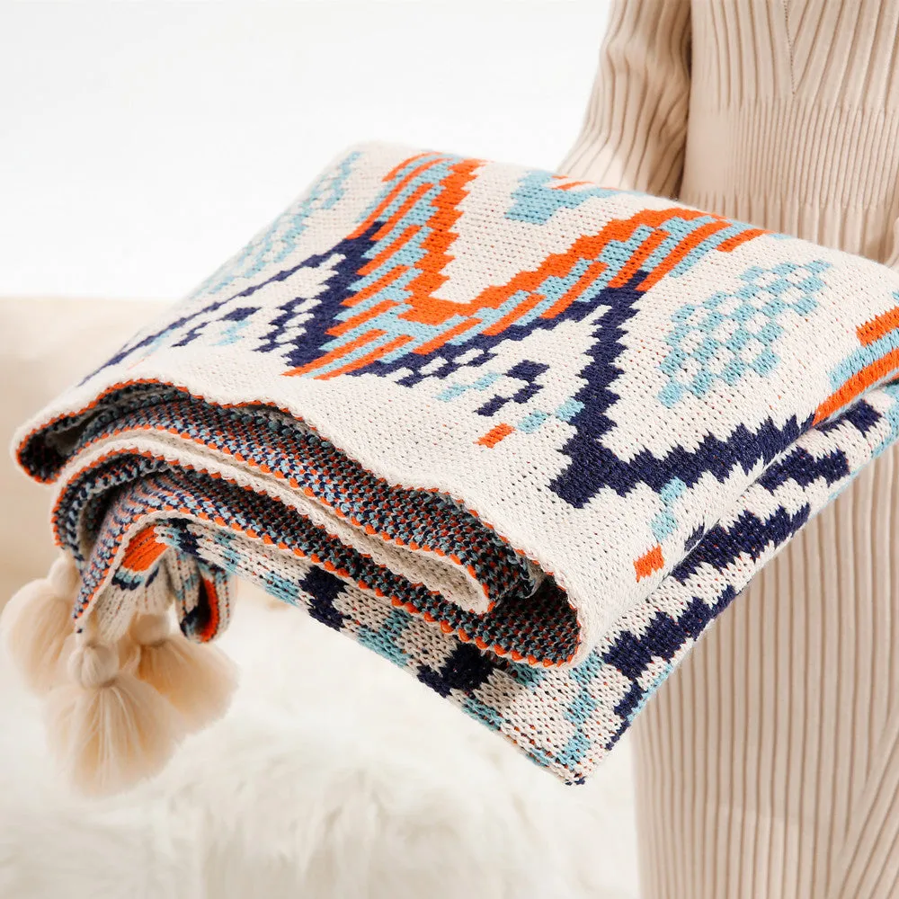 Bohemian acrylic sofa cover blanket with tassels in geometric pattern colours