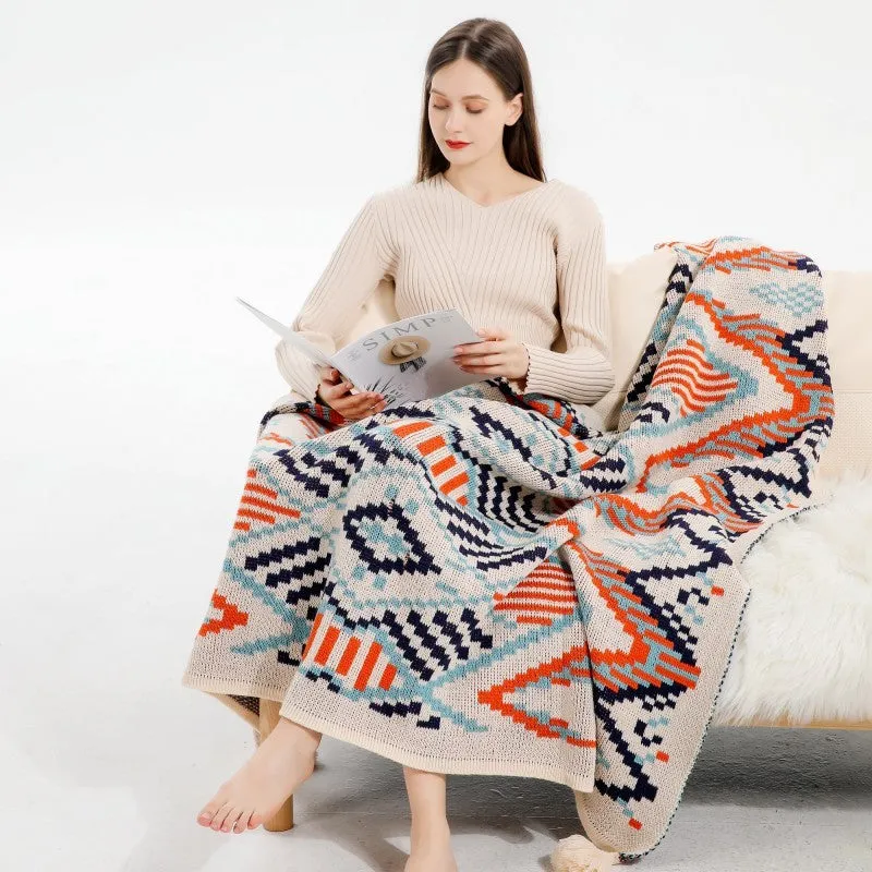 Bohemian acrylic sofa cover blanket with tassels in geometric pattern colours