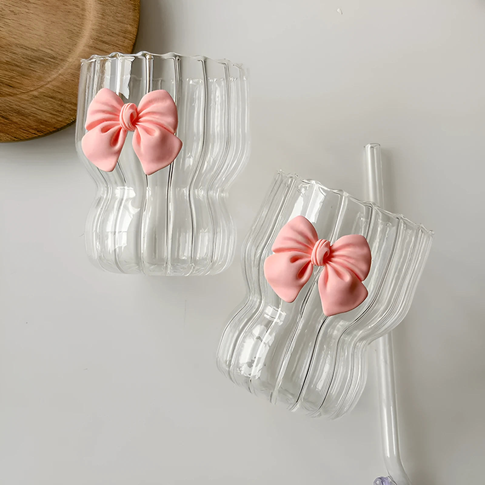Pink bow borosilicate glass coffee cup 350ml heat resistant home use