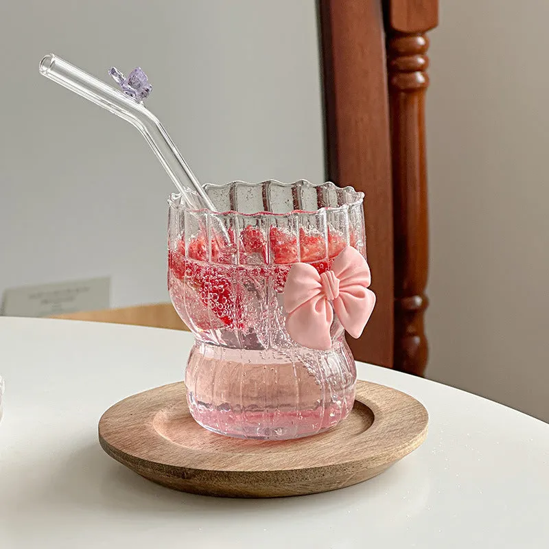 Pink bow borosilicate glass coffee cup 350ml heat resistant home use