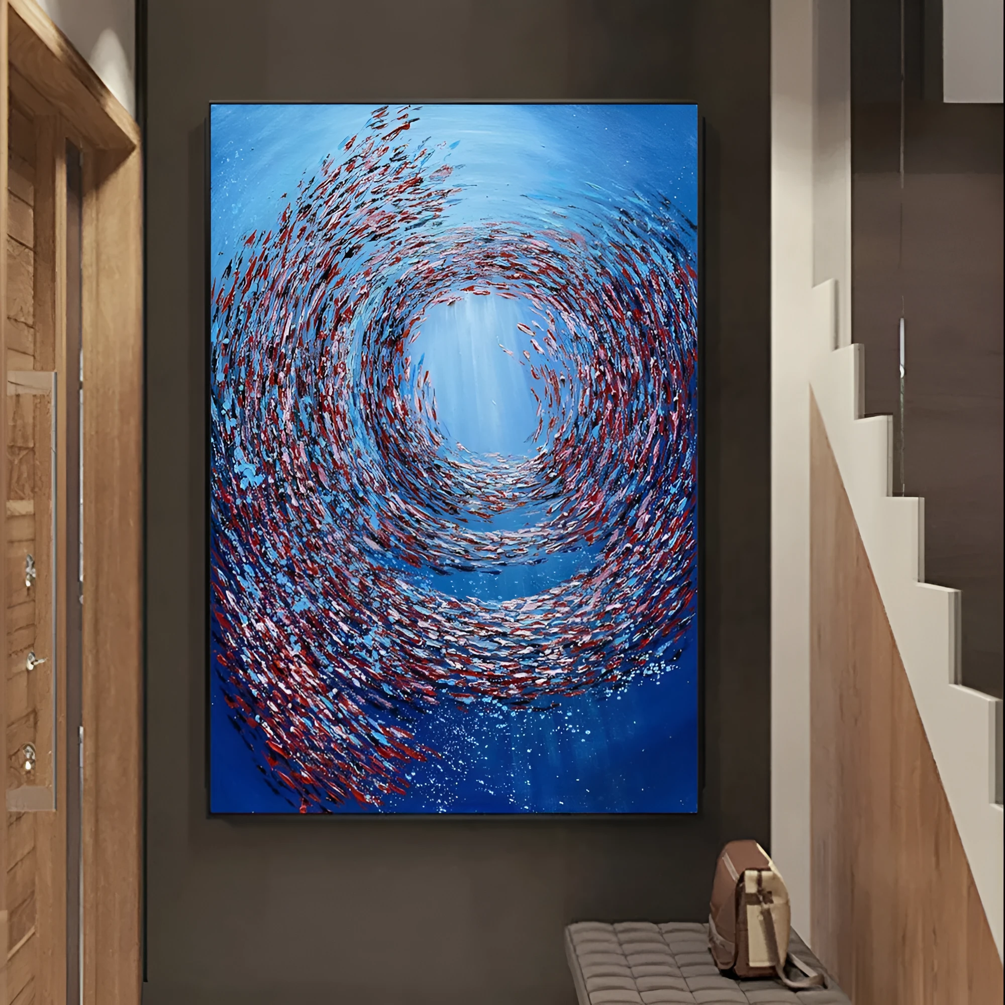 Thick textured knife painted fish vortex handmade abstract oil painting on canvas for home wall decoration