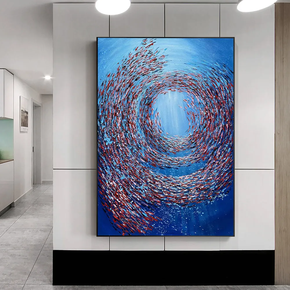 Thick textured knife painted fish vortex handmade abstract oil painting on canvas for home wall decoration