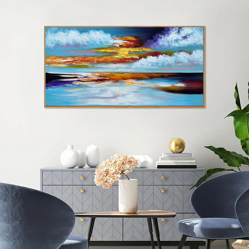Large bright abstract hand painted oil painting on canvas showing seascape sunset in horizontal orientation