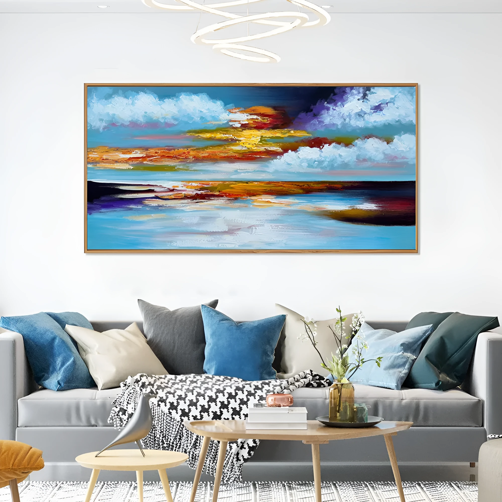 Large bright abstract hand painted oil painting on canvas showing seascape sunset in horizontal orientation