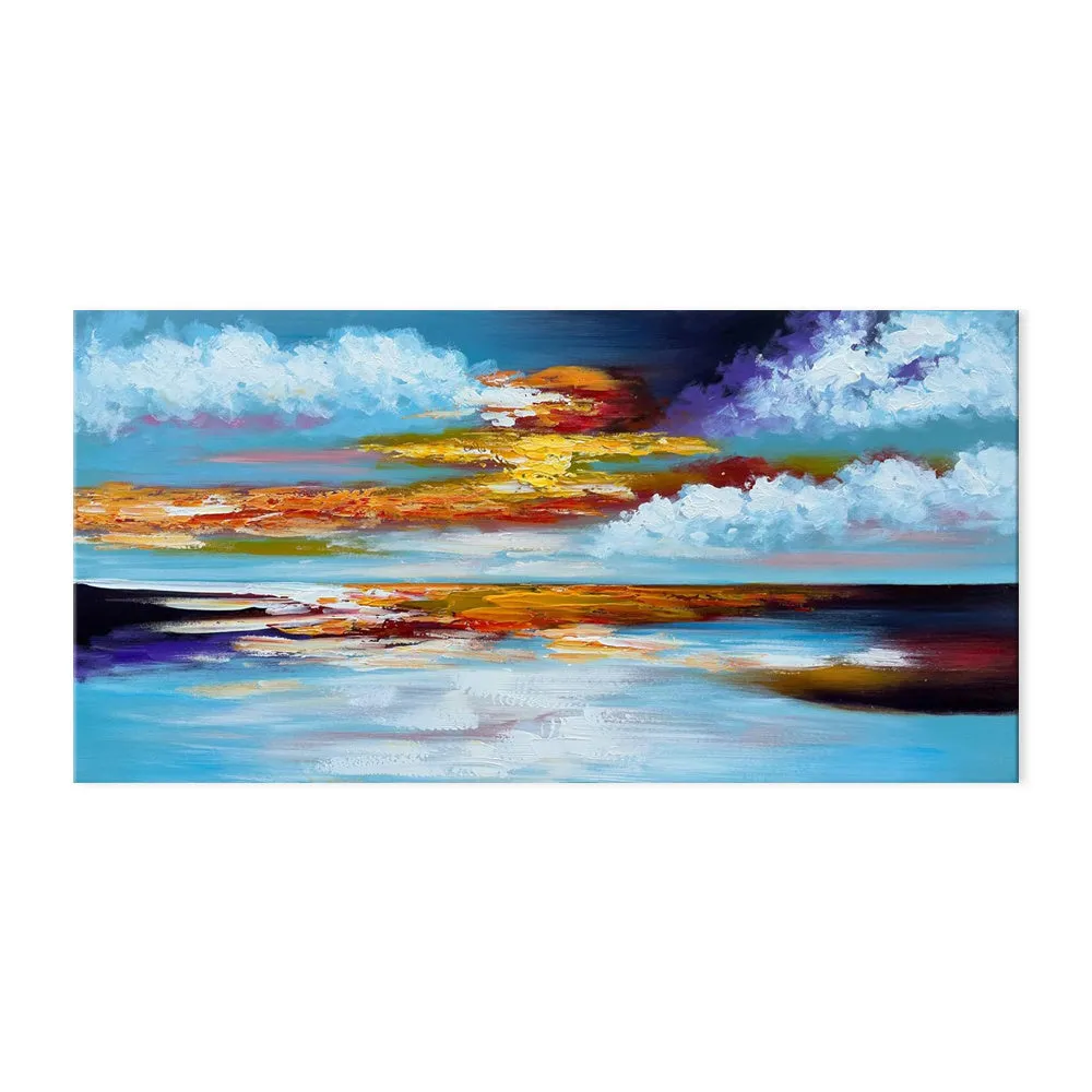 Large bright abstract hand painted oil painting on canvas showing seascape sunset in horizontal orientation