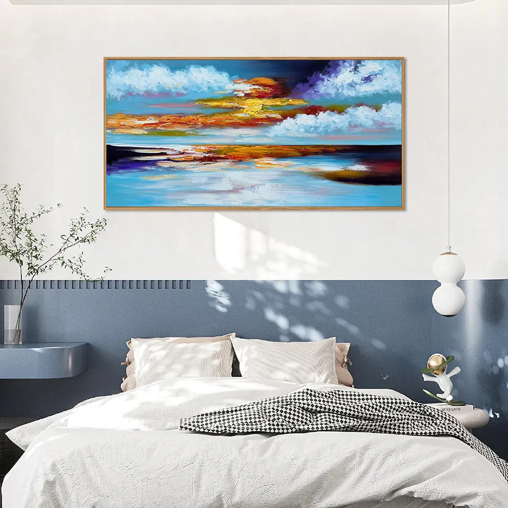 Large bright abstract hand painted oil painting on canvas showing seascape sunset in horizontal orientation